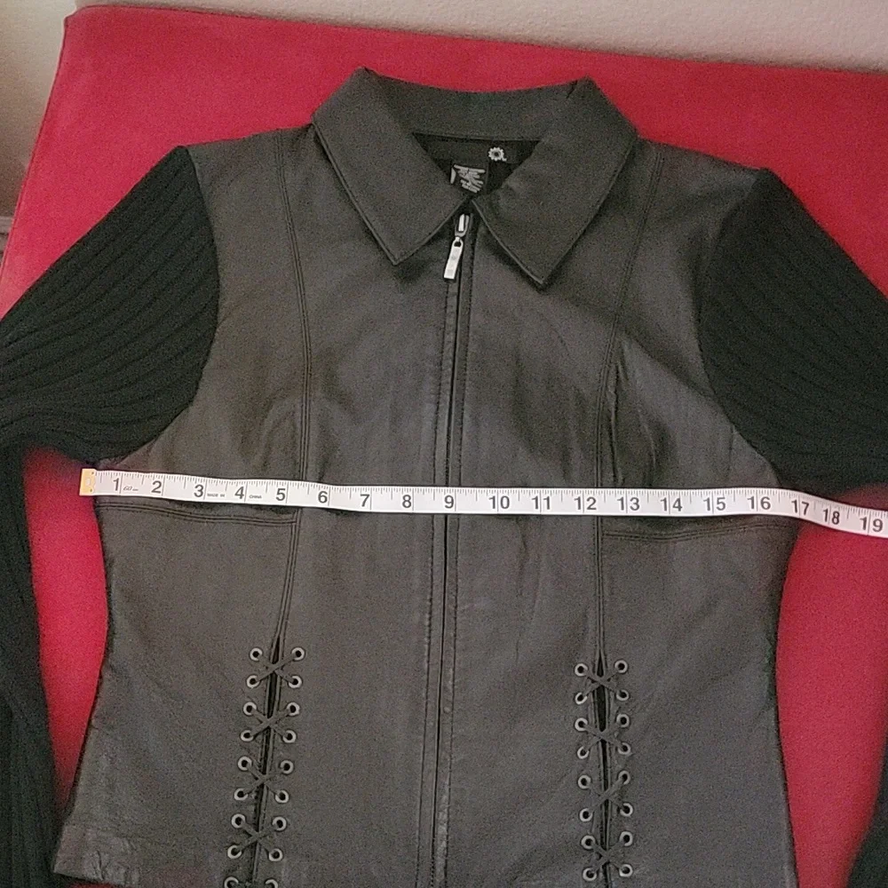 Leather & Wool Blend Knit Bikercore Moto Jacket Black size L - Picture 12 of 14